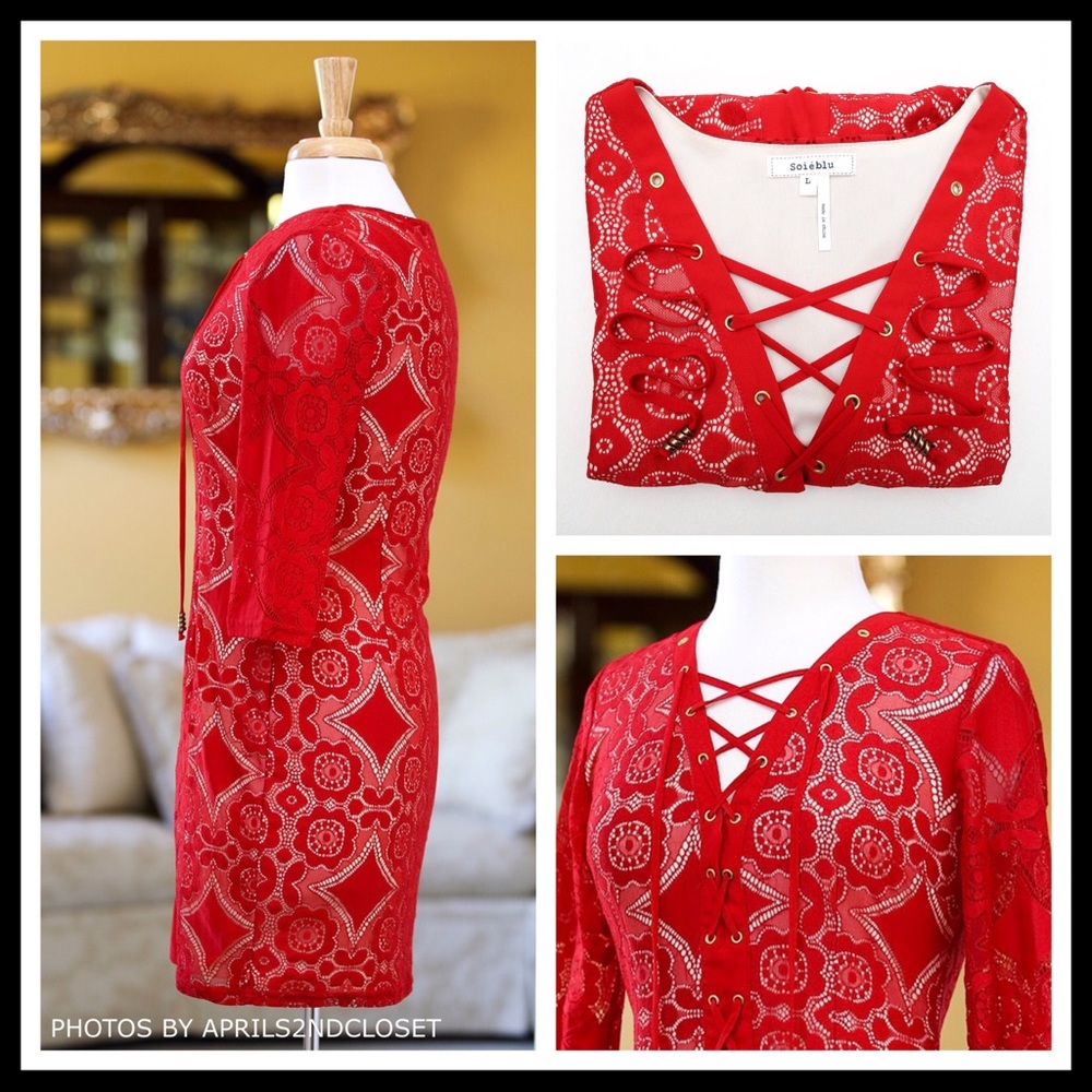 RED LACE UP V-NECK 3/4 SLEEVES MINI DRESS A2C - Picture 4 of 8
